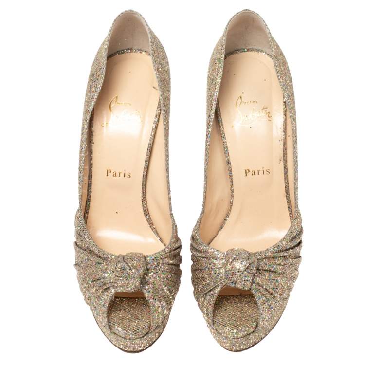Pre Owned Christian Louboutin Gold Glitter and Fabric Lady Gres Peep Toe Pumps Size 41