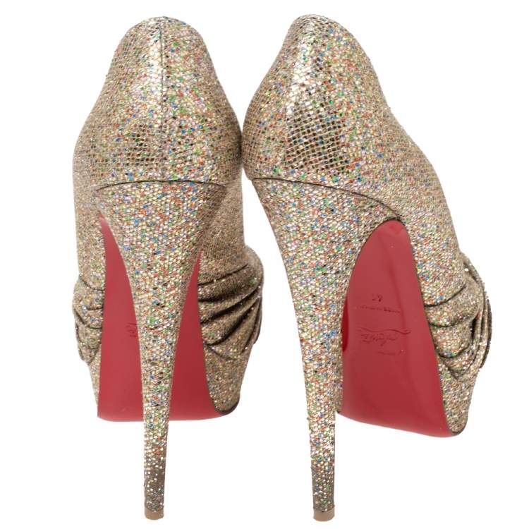 Pre Owned Christian Louboutin Gold Glitter and Fabric Lady Gres Peep Toe Pumps Size 41