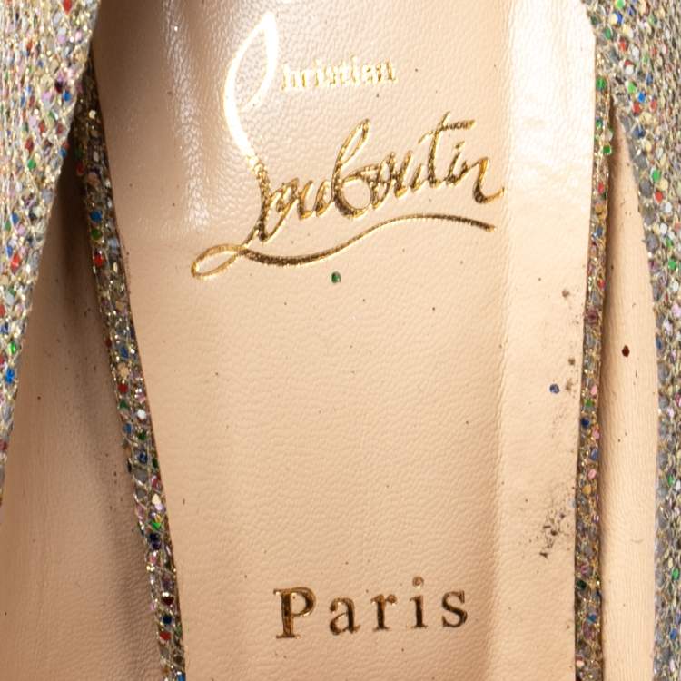 Pre Owned Christian Louboutin Gold Glitter and Fabric Lady Gres Peep Toe Pumps Size 41