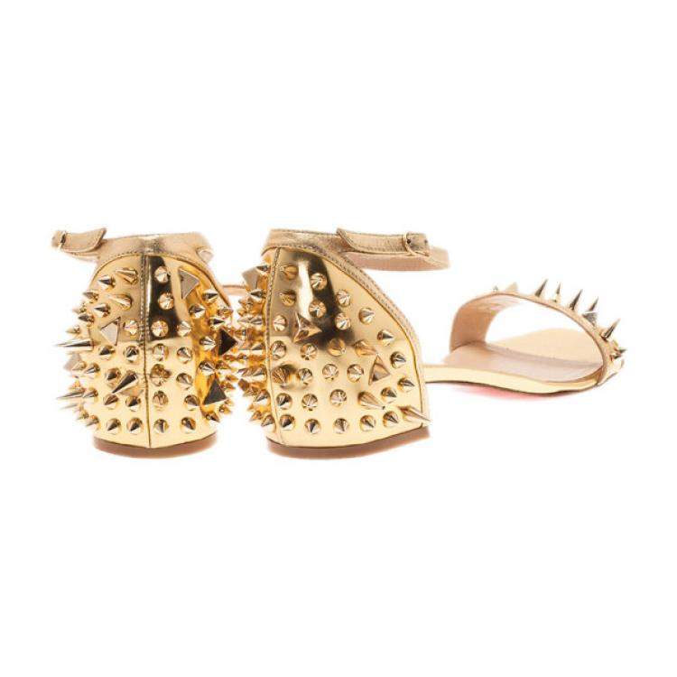 Pre Owned Christian Louboutin Gold Spiked Leather Druide Sandals Size 38