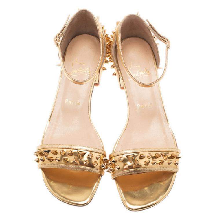 Pre Owned Christian Louboutin Gold Spiked Leather Druide Sandals Size 38
