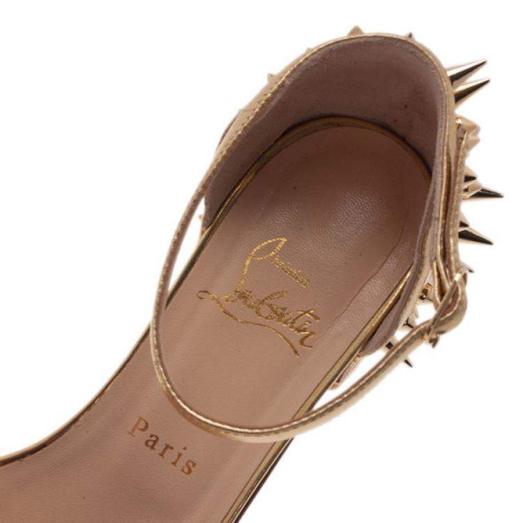 Pre Owned Christian Louboutin Gold Spiked Leather Druide Sandals Size 38