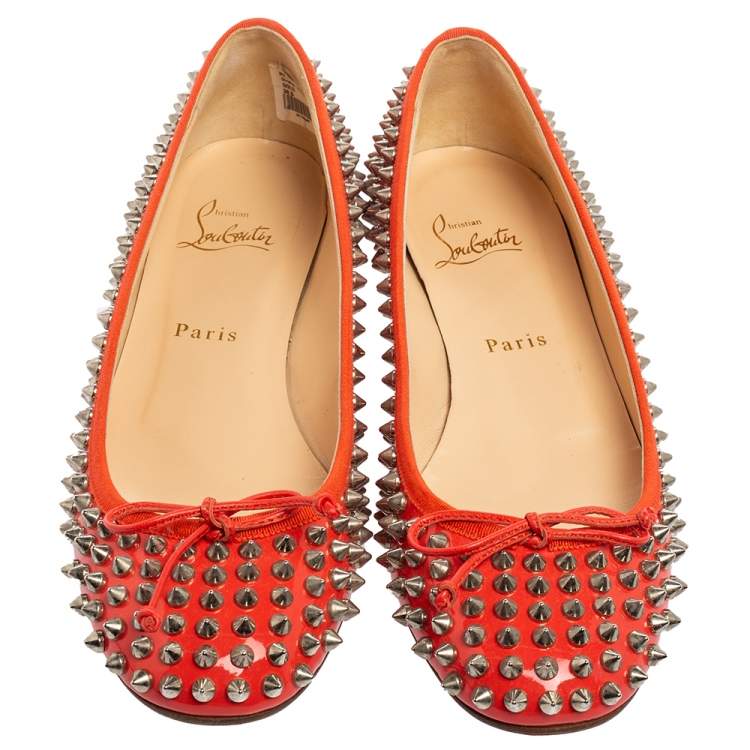 Pre Owned Christian Louboutin Coral Patent Leather Big Kiss Ballet Flats Size 38.5