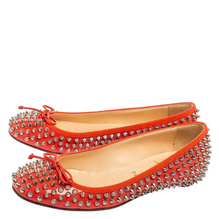 Pre Owned Christian Louboutin Coral Patent Leather Big Kiss Ballet Flats Size 38.5