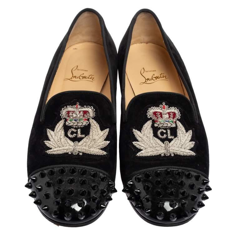 Pre Owned Christian Louboutin Black Suede Harvanana Spiked Smoking Slippers Size 38