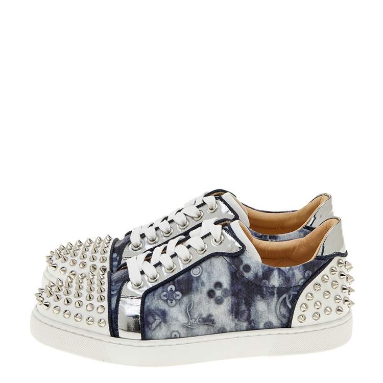 Pre Owned Christian Louboutin Multicolor Leather And Jeans Canvas Veira Spike Sneakers Size 37