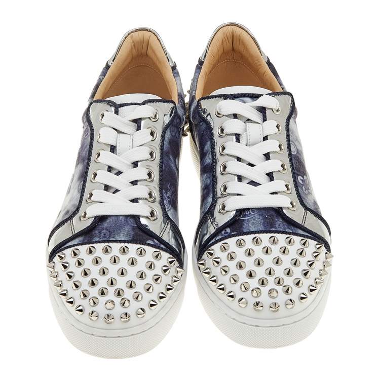Pre Owned Christian Louboutin Multicolor Leather And Jeans Canvas Veira Spike Sneakers Size 37