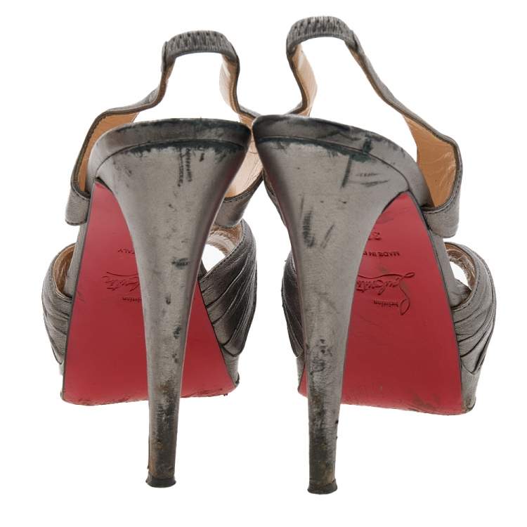 Pre Owned Christian Louboutin Metallic Grey Leather Platform Slingback Sandals Size 36.5