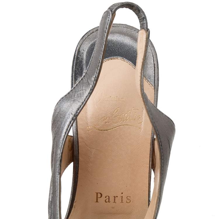 Pre Owned Christian Louboutin Metallic Grey Leather Platform Slingback Sandals Size 36.5