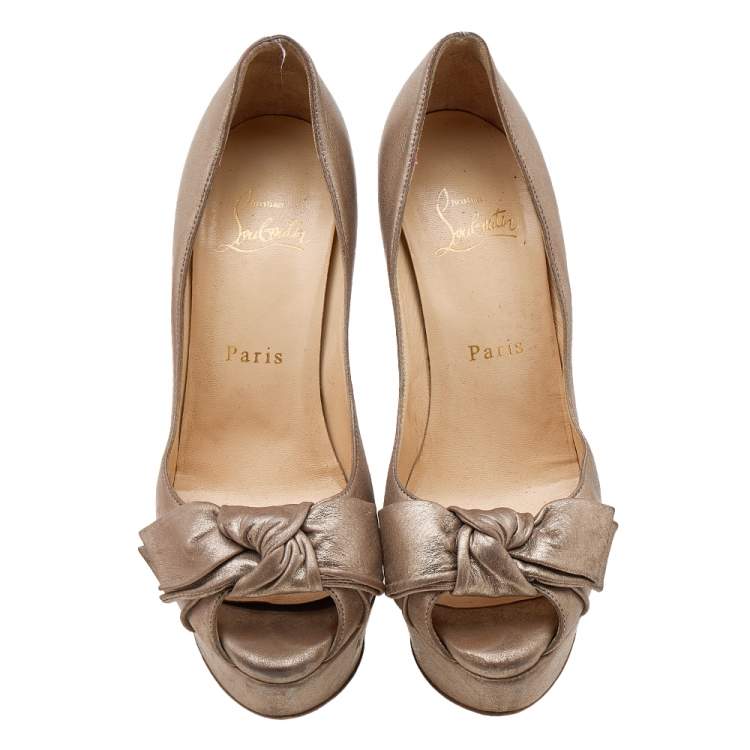 Pre Owned Christian Louboutin Metallic Gold Leather Madame Butterfly Peep Toe Platform Pumps Size 36.5