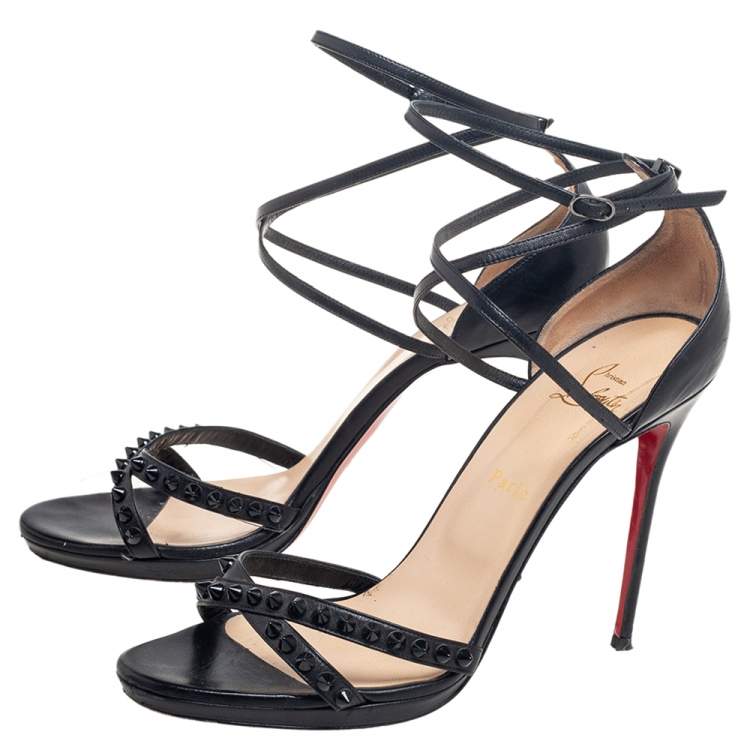 Pre Owned Christian Louboutin Black Leather Monocronana Ankle-Wrap Sandals Size 41