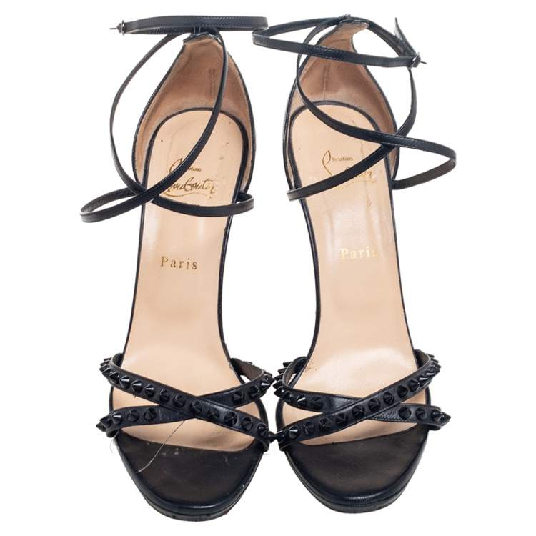 Pre Owned Christian Louboutin Black Leather Monocronana Ankle-Wrap Sandals Size 41