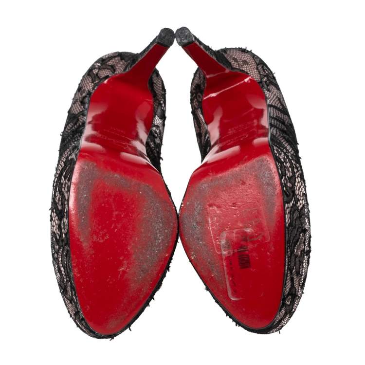 Pre Owned Christian Louboutin Black/Pink Lace and Satin Bianca Pumps Size 35.5