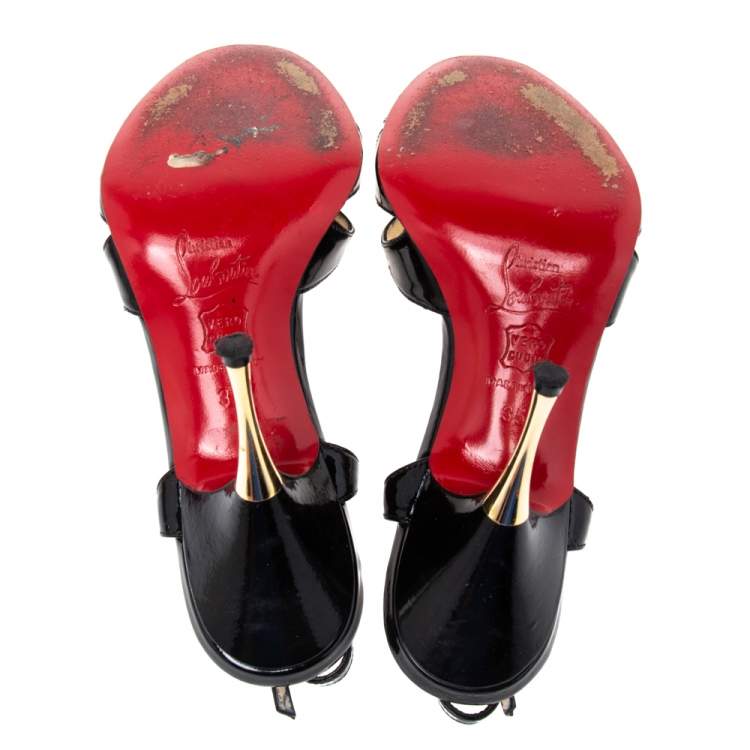 Pre Owned Christian Louboutin Black Patent Leather Ankle Strap Sandals Size 35