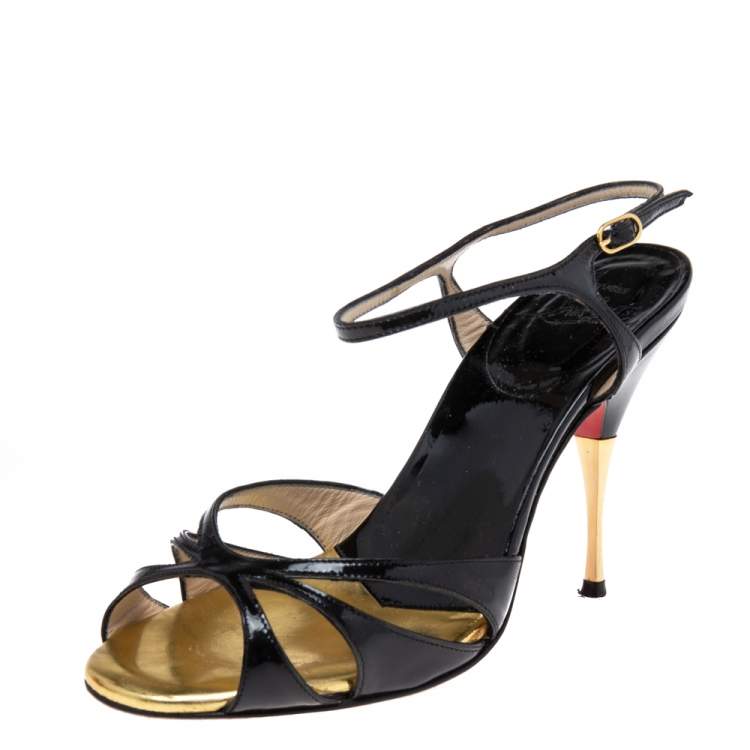 Pre Owned Christian Louboutin Black Patent Leather Ankle Strap Sandals Size 35