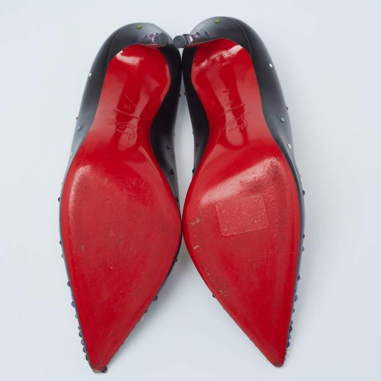 Pre Owned Christian Louboutin Black Leather Crystal Embellished Kate Pumps Size 39