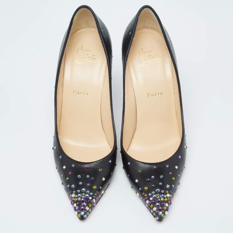 Pre Owned Christian Louboutin Black Leather Crystal Embellished Kate Pumps Size 39
