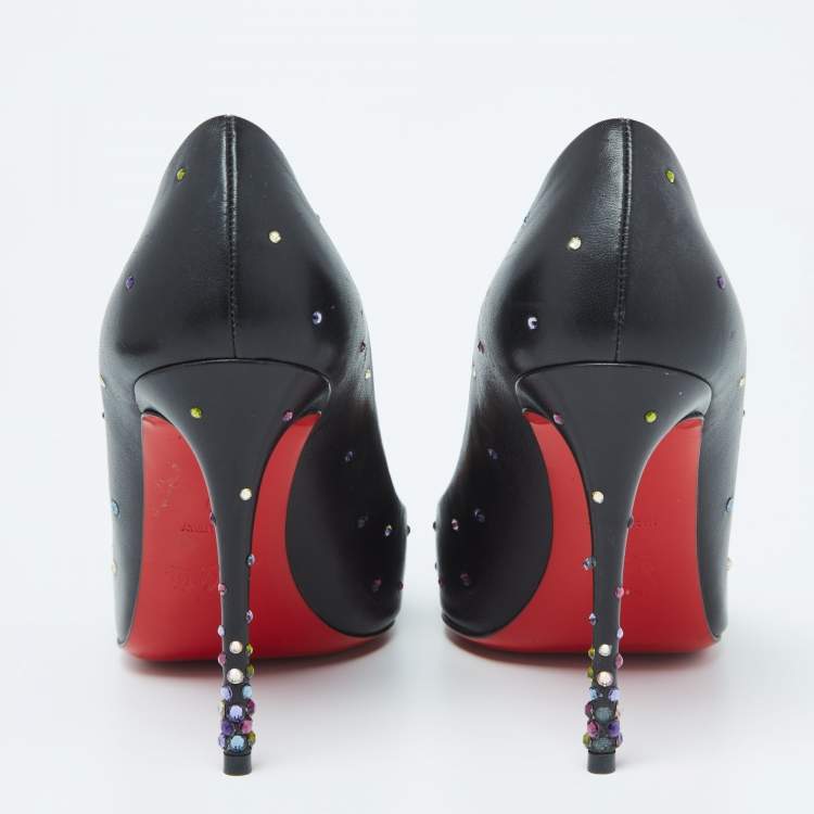Pre Owned Christian Louboutin Black Leather Crystal Embellished Kate Pumps Size 39