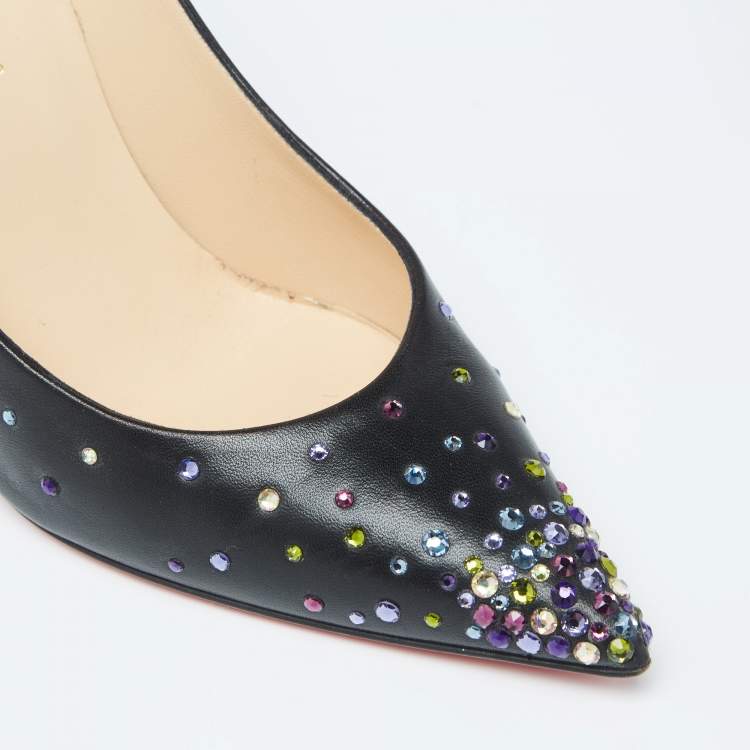 Pre Owned Christian Louboutin Black Leather Crystal Embellished Kate Pumps Size 39