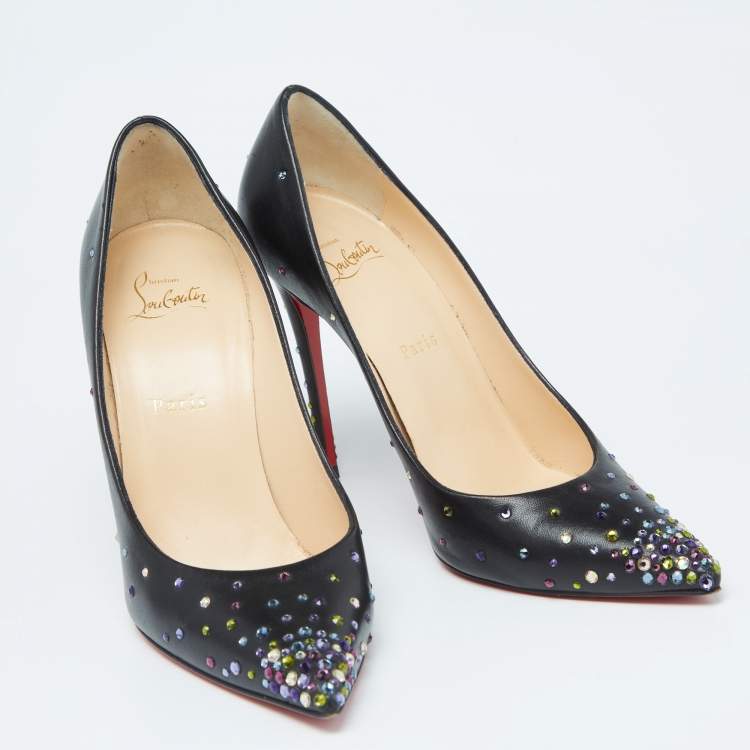 Pre Owned Christian Louboutin Black Leather Crystal Embellished Kate Pumps Size 39