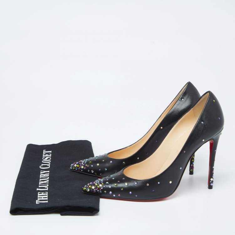 Pre Owned Christian Louboutin Black Leather Crystal Embellished Kate Pumps Size 39