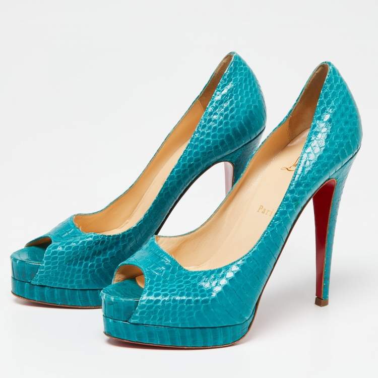 Pre Owned Christian Louboutin Turquoise Python Leather Altadama Peep-Toe Pumps Size 39.5