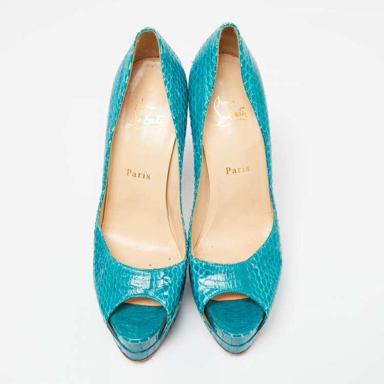 Pre Owned Christian Louboutin Turquoise Python Leather Altadama Peep-Toe Pumps Size 39.5