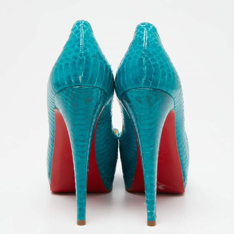 Pre Owned Christian Louboutin Turquoise Python Leather Altadama Peep-Toe Pumps Size 39.5