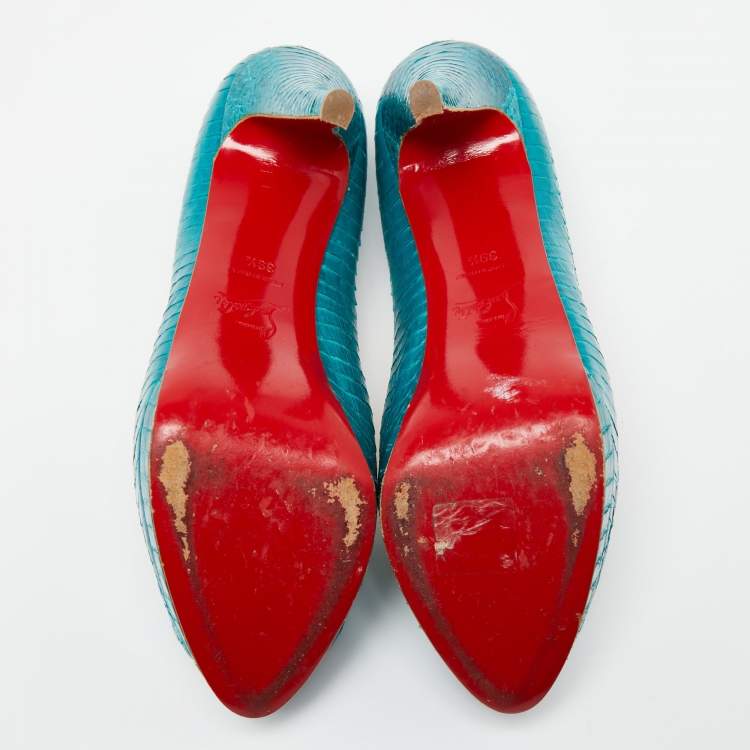 Pre Owned Christian Louboutin Turquoise Python Leather Altadama Peep-Toe Pumps Size 39.5