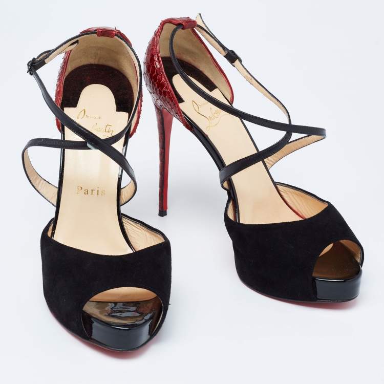 Pre Owned Christian Louboutin Black/Maroon Suede and Python Minetta Peep-Toe Sandals Size 39