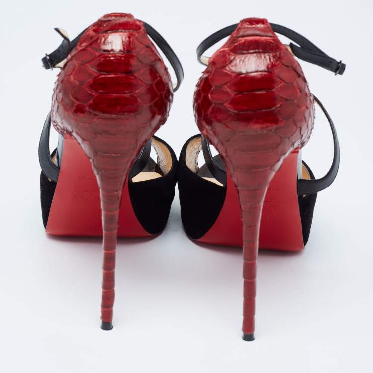 Pre Owned Christian Louboutin Black/Maroon Suede and Python Minetta Peep-Toe Sandals Size 39