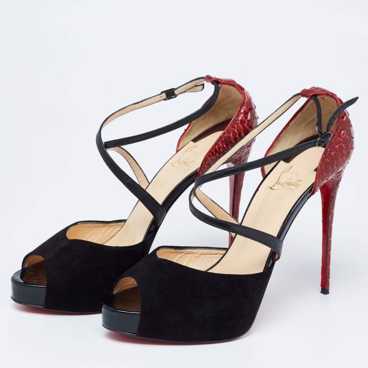 Pre Owned Christian Louboutin Black/Maroon Suede and Python Minetta Peep-Toe Sandals Size 39