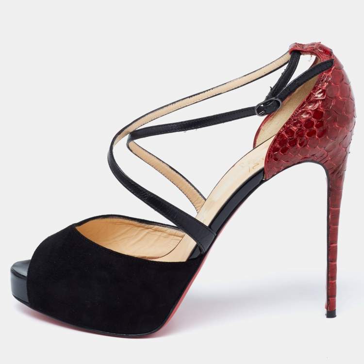 Pre Owned Christian Louboutin Black/Maroon Suede and Python Minetta Peep-Toe Sandals Size 39