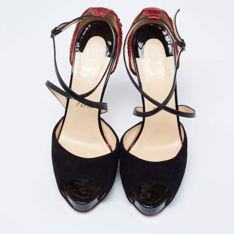 Pre Owned Christian Louboutin Black/Maroon Suede and Python Minetta Peep-Toe Sandals Size 39