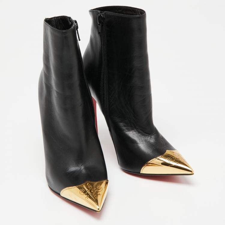Pre Owned Christian Louboutin Black Leather Calamijane Pointed-Toe Ankle Booties Size 35.5