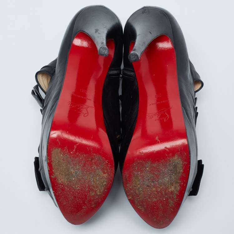 Pre Owned Christian Louboutin Black Leather Madame Butterfly Ankle Booties Size 38
