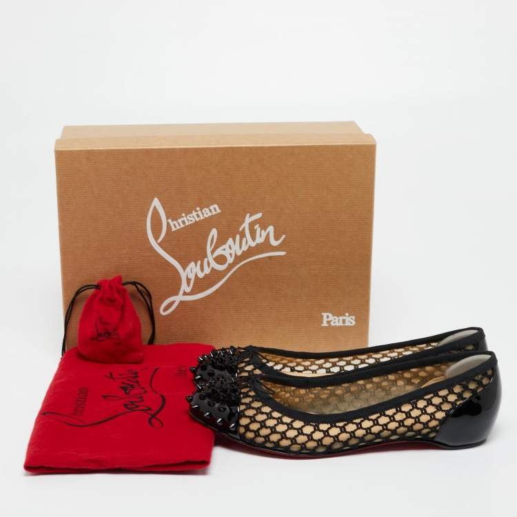 Pre Owned Christian Louboutin Black Embroidered Mesh and Spiked Patent Leather Ballet Flats Size 38