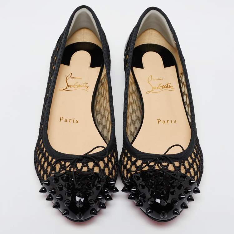 Pre Owned Christian Louboutin Black Embroidered Mesh and Spiked Patent Leather Ballet Flats Size 38