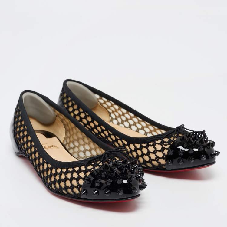 Pre Owned Christian Louboutin Black Embroidered Mesh and Spiked Patent Leather Ballet Flats Size 38