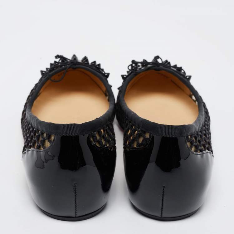Pre Owned Christian Louboutin Black Embroidered Mesh and Spiked Patent Leather Ballet Flats Size 38