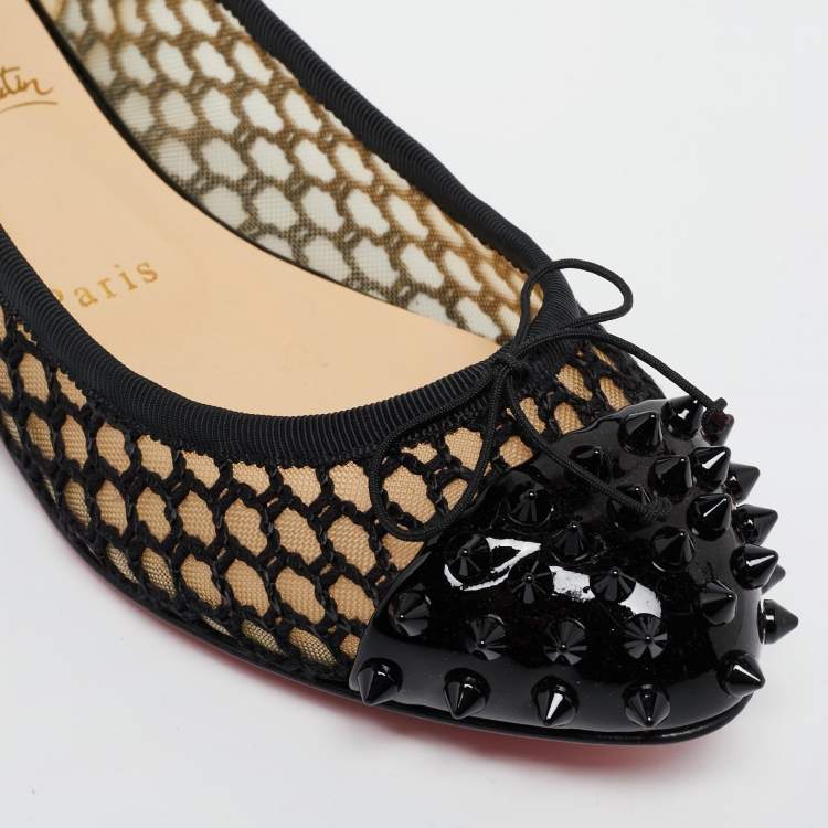 Pre Owned Christian Louboutin Black Embroidered Mesh and Spiked Patent Leather Ballet Flats Size 38