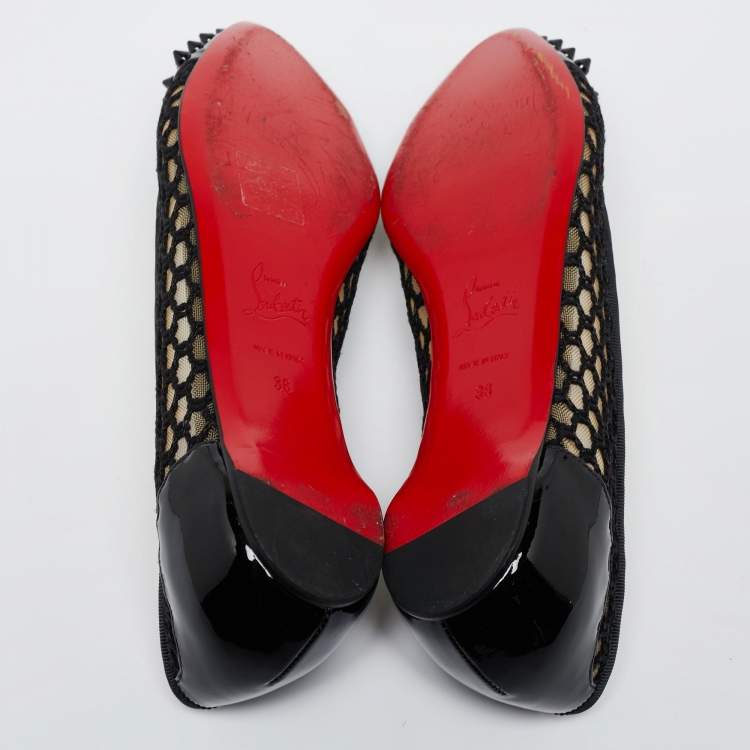 Pre Owned Christian Louboutin Black Embroidered Mesh and Spiked Patent Leather Ballet Flats Size 38