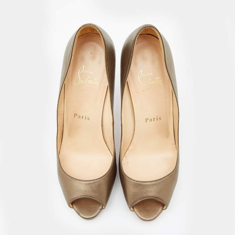 Pre Owned Christian Louboutin Metallic Bronze Leather Yolanda Peep Toe Pumps Size 37