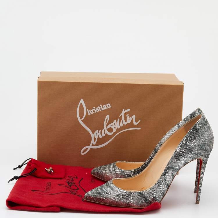Pre Owned Christian Louboutin Silver Printed Glitter Pigalle Follies Pointed Toe Pumps Size 38.5