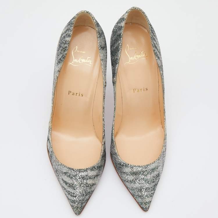 Pre Owned Christian Louboutin Silver Printed Glitter Pigalle Follies Pointed Toe Pumps Size 38.5