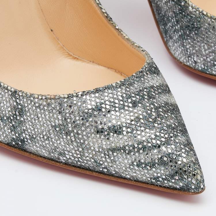Pre Owned Christian Louboutin Silver Printed Glitter Pigalle Follies Pointed Toe Pumps Size 38.5