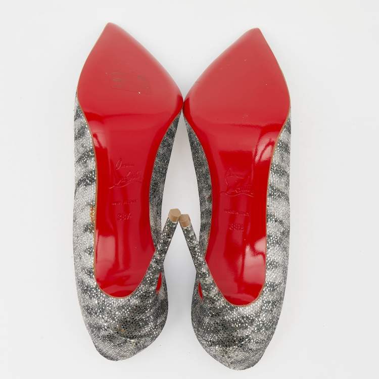 Pre Owned Christian Louboutin Silver Printed Glitter Pigalle Follies Pointed Toe Pumps Size 38.5