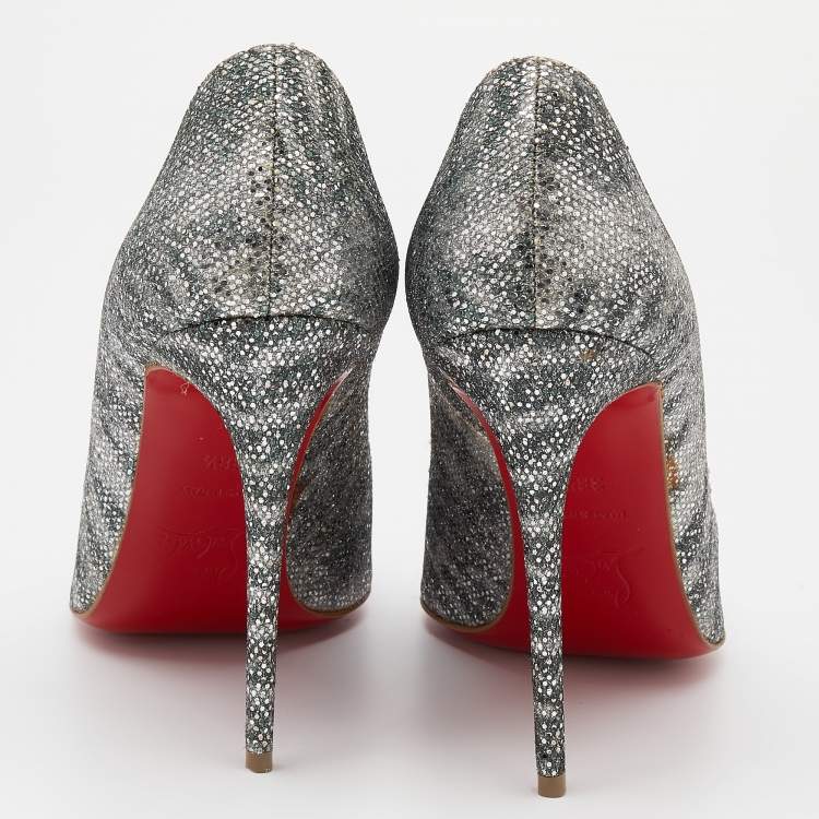 Pre Owned Christian Louboutin Silver Printed Glitter Pigalle Follies Pointed Toe Pumps Size 38.5