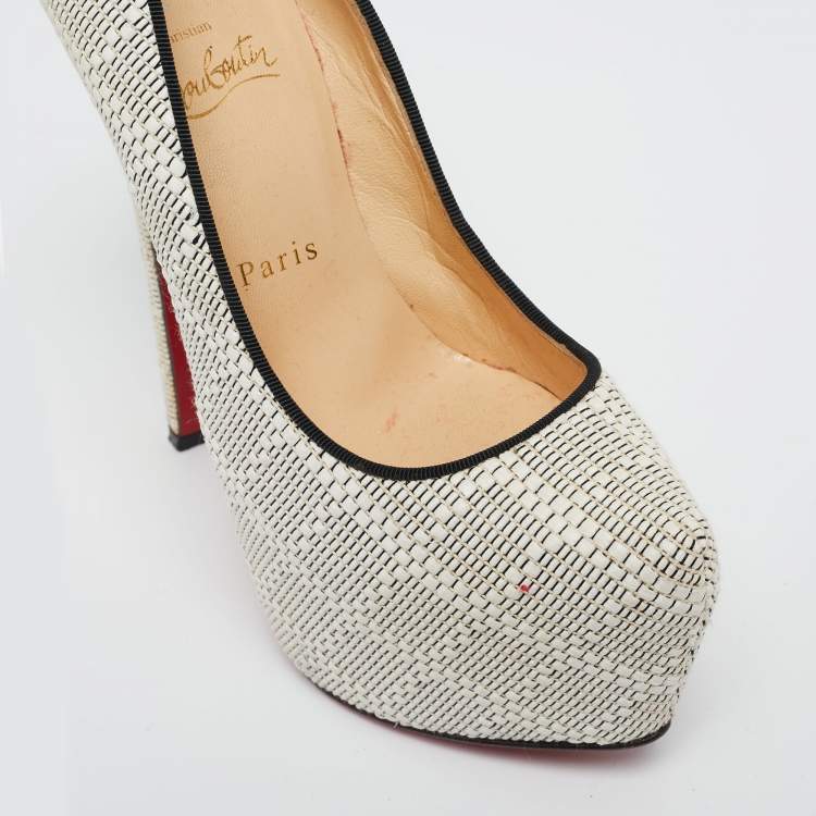 Pre Owned Christian Louboutin White/Black Raffia Daffodile Platform Pumps Size 36.5
