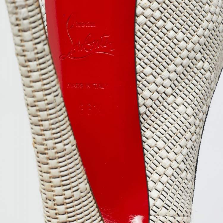 Pre Owned Christian Louboutin White/Black Raffia Daffodile Platform Pumps Size 36.5